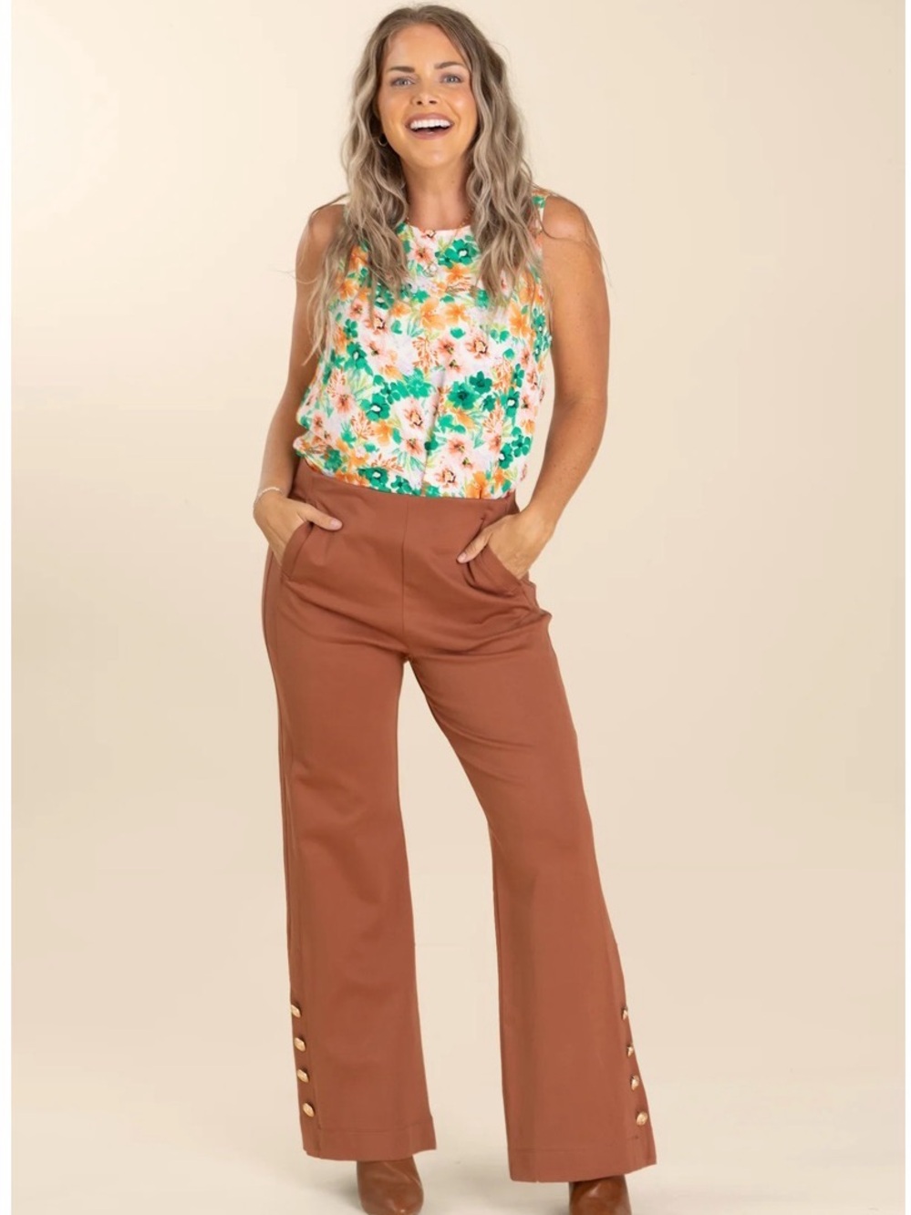 Dear Scarlett Magic Pants High-Rise Straight Leg with Gold Button Hem in Rust